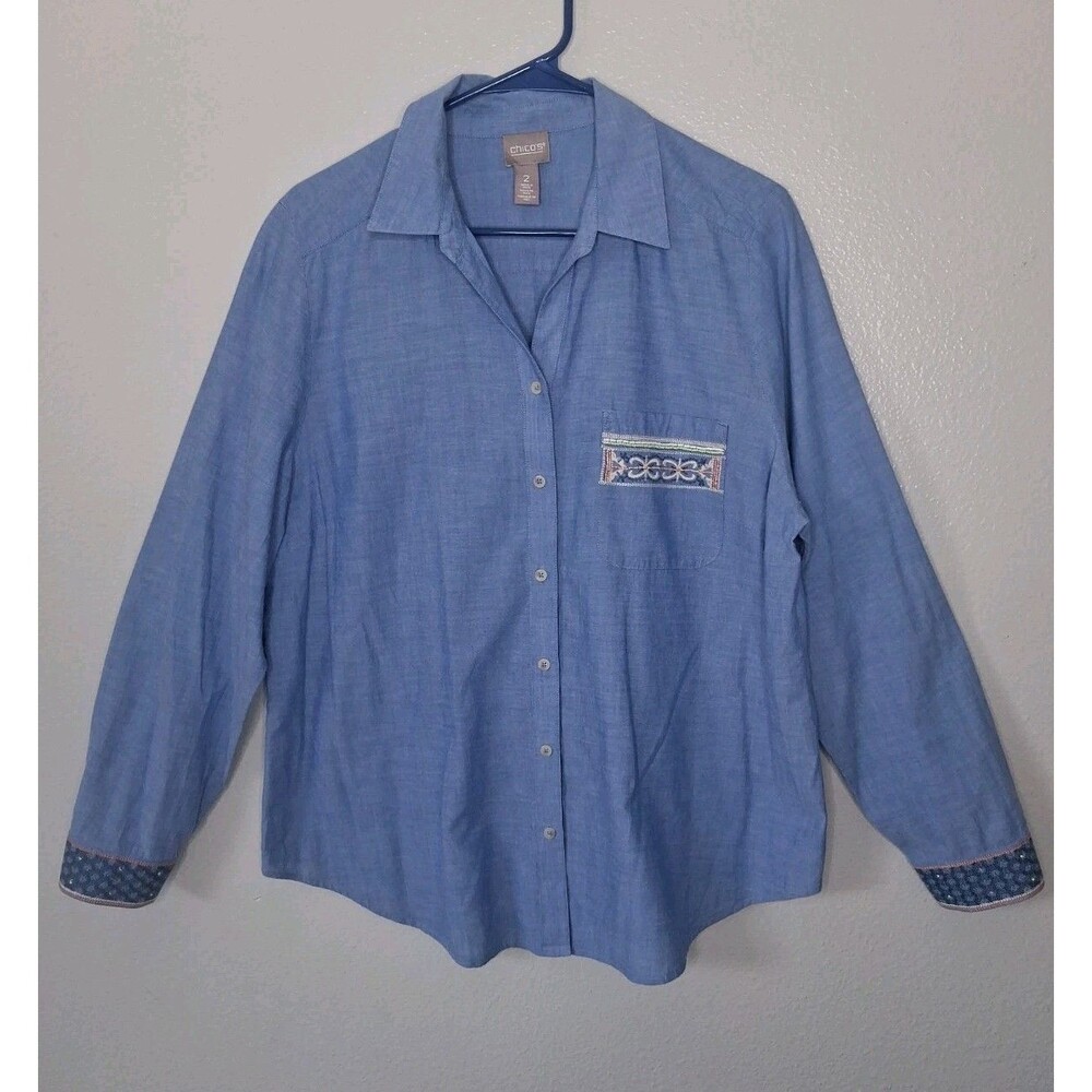 Chico's Long Slv Button-up Shirt Embroidered Beaded Embellished Blue Chambray 12